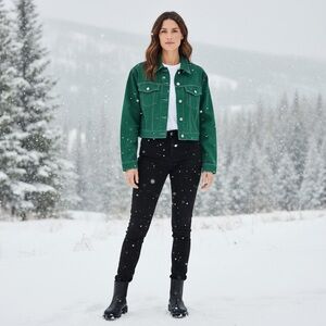 Reformation Jeans Green Cropped Denim Jacket